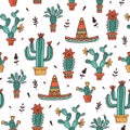 Seamless pattern with sombrero and cactuses