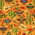 Mexican Seamless pattern. Sombrero, guitar, pepper, cactus.