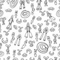 Seamless pattern with space aliens and flying rockets, spacecraft, and galaxies.