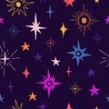 Seamless pattern with space elements. Cartoon style wallpaper with cosmic star. Children`s background with hand-drawn