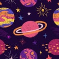 Seamless pattern with space elements. Cartoon style wallpaper with planets and cosmic star. Children`s background with