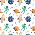 A seamless pattern of space elements drawn in a flat style. Astronaut, rockets and planets. Space. Stars. Flight Royalty Free Stock Photo