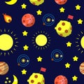 Seamless pattern with space, moon, mars, jupiter, sun and solar system.