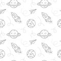 Seamless pattern with space objects, rocket, plane, air trail, planet, earth, saturn. Hand-drawn outline elements. Monochrome Royalty Free Stock Photo