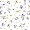 Seamless pattern with space objects. Space ships, rocket, planets, flying saucers, astronauts, stars, comets, ufo etc Royalty Free Stock Photo