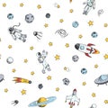 Seamless pattern with space objects. Space ships, rocket, planets, flying saucers, astronauts, stars, comets, ufo etc Royalty Free Stock Photo