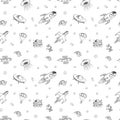 Seamless pattern with space objects. Space ships, rocket, planets, flying saucers, astronauts, stars, comets, ufo etc