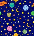 Seamless pattern with space, planets, comet and stars. Royalty Free Stock Photo