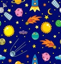 Seamless pattern with space, planets, comet and stars. Royalty Free Stock Photo