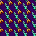 Seamless pattern with space rockets flying on purple background