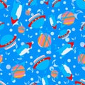 Space: space rockets, flying saucers, planets on the light blue background. Seamless pattern.