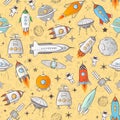 Seamless pattern with space rockets and other elements on yellow background. Can be used for wallpaper, pattern fills