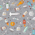 Seamless pattern with space rockets and other elements on grey background. Can be used for wallpaper, pattern fills