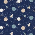 Seamless pattern with space rockets, planets and stars. Deep blue kids cosmos pattern.