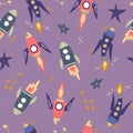 Seamless pattern with space rockets and stars. Spaceship, Constellations. Space background for children. For gift wrapping paper,