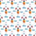 Seamless pattern with space rockets on the white background.