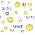 Seamless pattern on space theme with moon and stars on white background