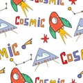 Seamless pattern on a space theme with the word space, rackets, UFOs, constellations and stars on a white background, printable il