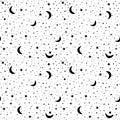 Seamless pattern with space in white and black colors. Vector background with stars and crescent moons