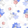 Seamless pattern. Spaceman flies in a balloon. Astronaut with a fishing rod sitting on the moon.