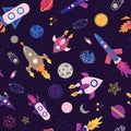 Seamless pattern with spaceship, rockets, planets, stars, moon, comets, sun on starry nights Royalty Free Stock Photo