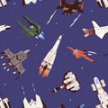 Seamless pattern with spaceships and rockets in space. Endless repeatable background with flying missiles and