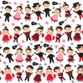 Seamless pattern Spanish flamenco dancer. Kawaii cute face pink cheeks winking eyes. Gipsy girl and boy, red black dress, polka do Royalty Free Stock Photo