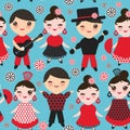 Seamless pattern Spanish flamenco dancer. Kawaii cute face with pink cheeks and winking eyes. Gipsy girl and boy, red black white Royalty Free Stock Photo