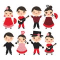 Seamless pattern Spanish flamenco dancer. Kawaii cute face with pink cheeks and winking eyes. Gipsy girl and boy, red black white Royalty Free Stock Photo