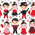 Seamless pattern Spanish flamenco dancer. Kawaii cute face with pink cheeks and winking eyes. Gipsy girl and boy, red black white Royalty Free Stock Photo