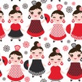 Seamless pattern spanish Woman flamenco dancer. Kawaii cute face with pink cheeks and winking eyes. Gipsy girl, red black white dr Royalty Free Stock Photo