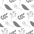 Seamless pattern of spathiphyllum leaf and curled branch with flowering twigs in grayscale. Isolate