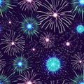 Seamless pattern with spectacular colorful fireworks displayed in dark night sky. Backdrop with bright flashing festive