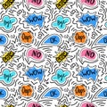 A seamless pattern of speech bubbles with dialog words, hand-drawn doodle-style elements. Boom, Oops, No, Okay, Wow Royalty Free Stock Photo