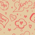 A seamless pattern of speech bubbles with dialog words, hand-drawn doodle-style elements. Hello, Love, Sorry, Love, Kiss Royalty Free Stock Photo