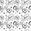 A seamless pattern of speech bubbles with dialog words, hand-drawn doodle-style elements. Hello, Love, Sorry, Love, Kiss Royalty Free Stock Photo