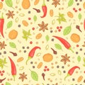 Seamless pattern of spices as pepper and chili, walnut and nutmeg, bay leaf and sesame, anise and seeds. Hand drawn