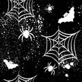 Seamless pattern with spider, web, bat. Black and white grunge background. Horror texture for halloween party decor, invitation, c Royalty Free Stock Photo