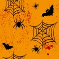 Seamless pattern with spider, web, bat  on orange with bloodstains background. Horror texture for halloween party decor, invitatio Royalty Free Stock Photo