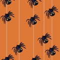 Seamless pattern with spiders descending on a spider web. Vector graphics