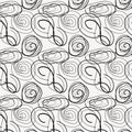 Seamless pattern from spiral curls against the background of a cloudy sky.