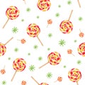 Seamless pattern of spiral lollipops, circle candies. Bonbons with striped swirls, sugar caramel on stick. Watercolor illustration Royalty Free Stock Photo