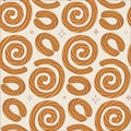 Seamless pattern with spiral Spanish churro. Latin American traditional pastries. Endlessly repeating churros. Vector
