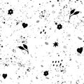 seamless pattern splashes of black paint icons hearts leaves