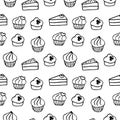 Seamless pattern sponge cream cakes and cupcakes decorated with berries and hearts, vector doodle illustration Royalty Free Stock Photo