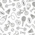 Seamless pattern with sport items, equipment.