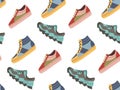 Seamless pattern of sports shoes, footwear design multicolored sneaker of active people walking or running comfortable. Royalty Free Stock Photo