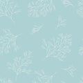 Seamless pattern with sprigs of dill. White twigs on blue background. Printing on textiles, bedding, wrapping paper