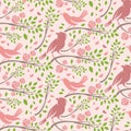 Seamless pattern of spring birds in branches leaves and flo