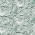 Seamless pattern of spring birds in branches leaves and flo